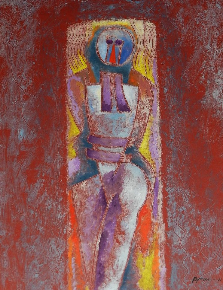 Byron Galvez (Mexican, b. 1941): "Abstract Figure", mixed media on paper, signed and dated lower right "Byron-01", sight 25" x 19". Glazed and framed.