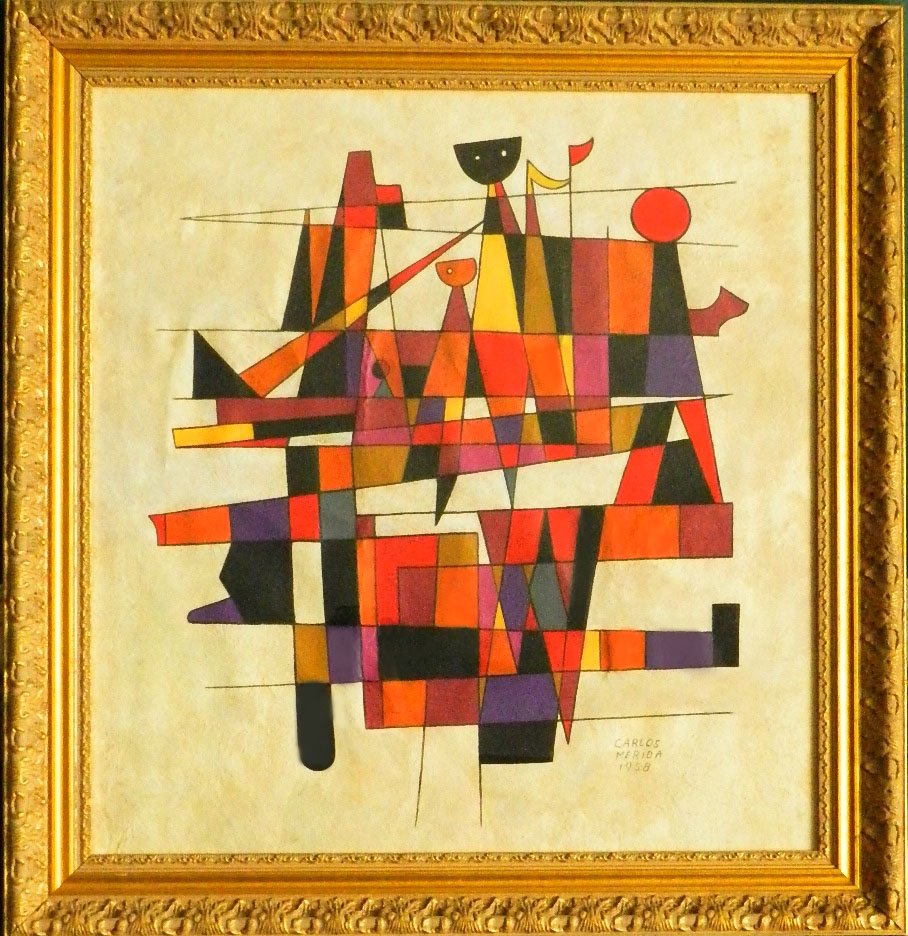 Carlos Merida, (1895-1984) "La Mirada de los Sabios: Petroplastic on paper. Measures 24" x 26" inches, framed. Sight Measures: 21" x 20" inches. Signed and dated lower right. Gallery label on verso.sold as attributed