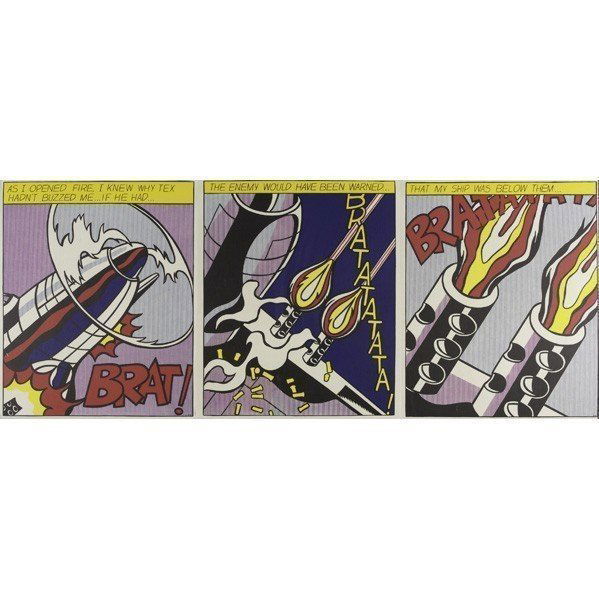 Roy Lichtenstein (1923-1997 ) As I Opened Fire: A Triptych, 1966 (Corlett, app. 5). Unsigned, identified in the matrix, each sheet stamped in the lower corners on the reverse. 3 Offset color lithographs on paper, each sheet 25 1/8 x 20 7/8 in. (63.