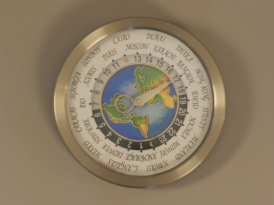 Patek Philippe Style Geneve World Clock: Measures: 12" inches in diameter. Model: PP79TT-12 Serial Number: 411905742.