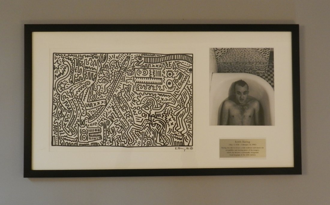 Original Marker Drawing Signed Haring: "Untitled", Measures: 30x17 inches framed, sight of drawing: 16 x 11 inches, signed/dated lower right & includes photo of artist himself. Sold as attributed/manner of/ after Keith Haring.