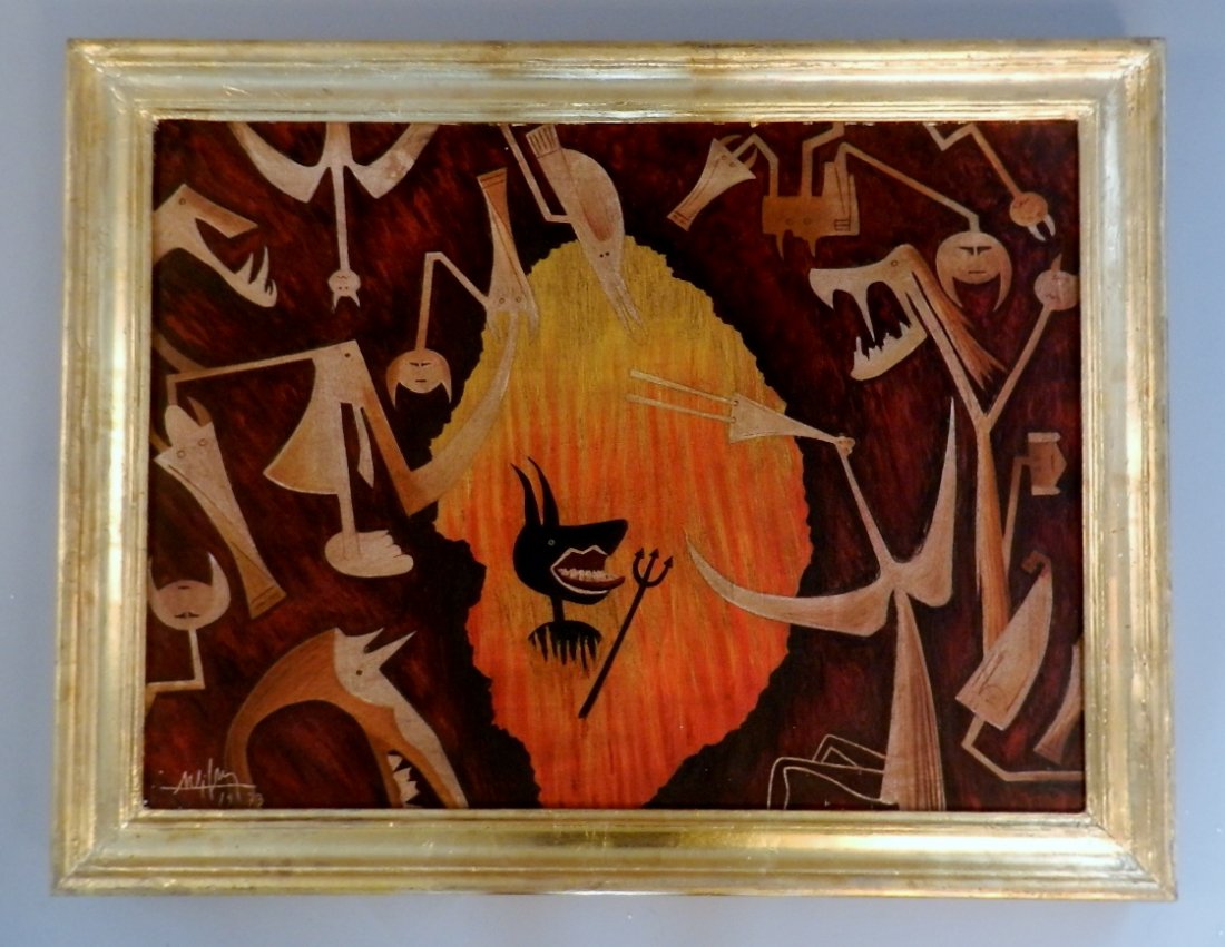 Wilfredo Lam (1902-1982) Oil on Canvas (After): framed size 28 x 26 inches, signed lower left and dated 1973