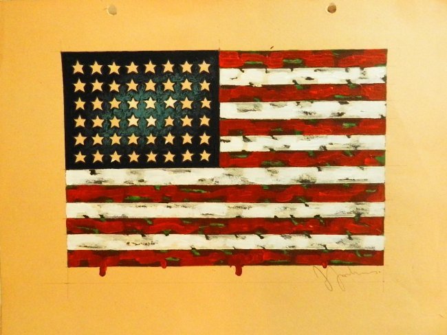 Acrylic on Paper "American Flag": measures: 12x16 inches, image: 7.5x11 inches, signed lower right