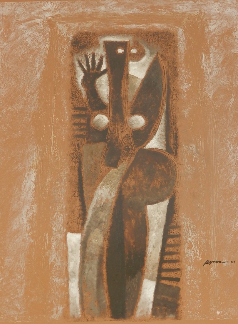 Byron Galvez (Mexican, b. 1941): Byron Galvez (Mexican, b. 1941), "Abstract Figure", mixed media on paper, signed and dated lower right "Byron-01", sight 25" x 19". Glazed and framed.