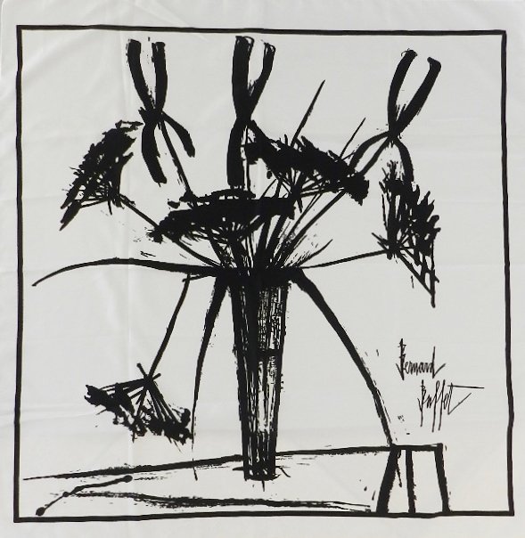 Bernard Buffet Silk Twill Scarf: Printed with signature black paint stroke vase of flowers, hand rolled edges, 29 x 30 inches, imprinted signature: Bernard Buffet.