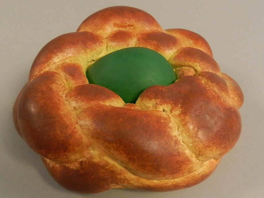 Jeff Koons (American, b. 1955) Bread & Egg Green 1995: Hand-painted egg tempera sculpture made of hydrocal Signed, numbered and dated in ink on verso size: 5.5 x 5.5 x 2 inches