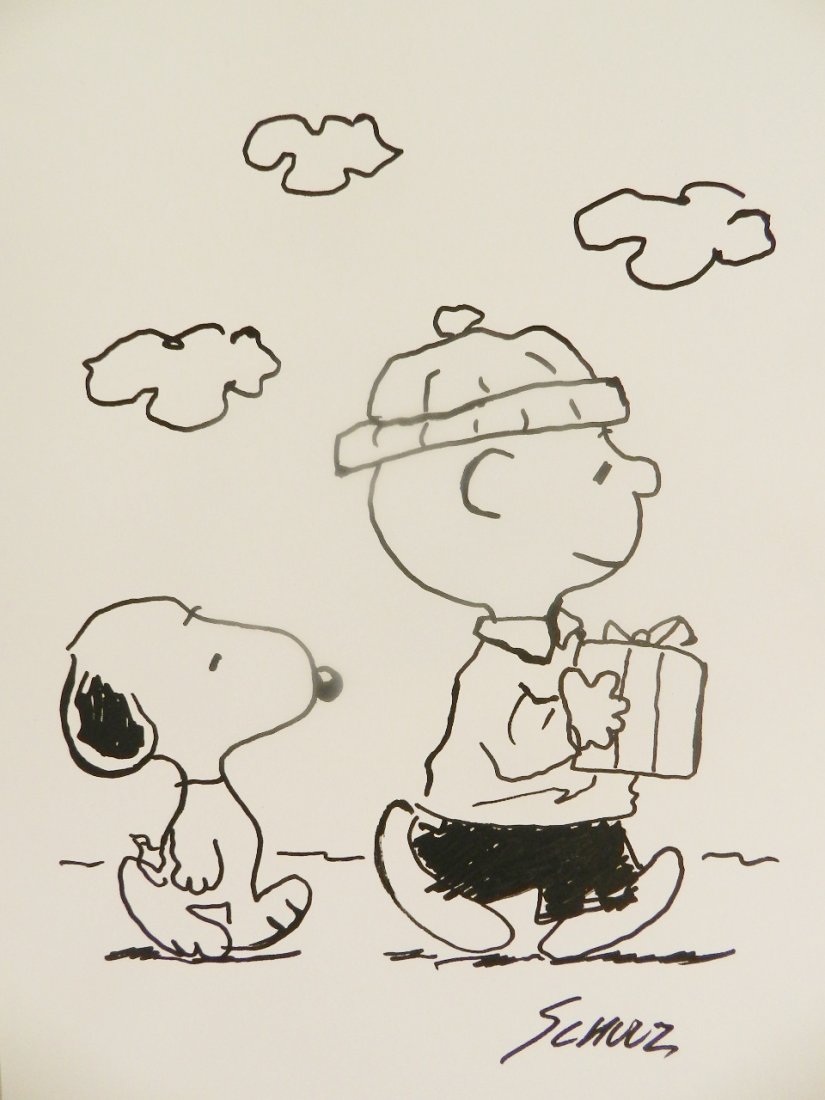 Charles M. Schulz (american, 1922-2000): An original signed drawing of Charlie Brown & Snoopy Medium: Marker on paper Measures: 13 x 9.5 Signed lower right