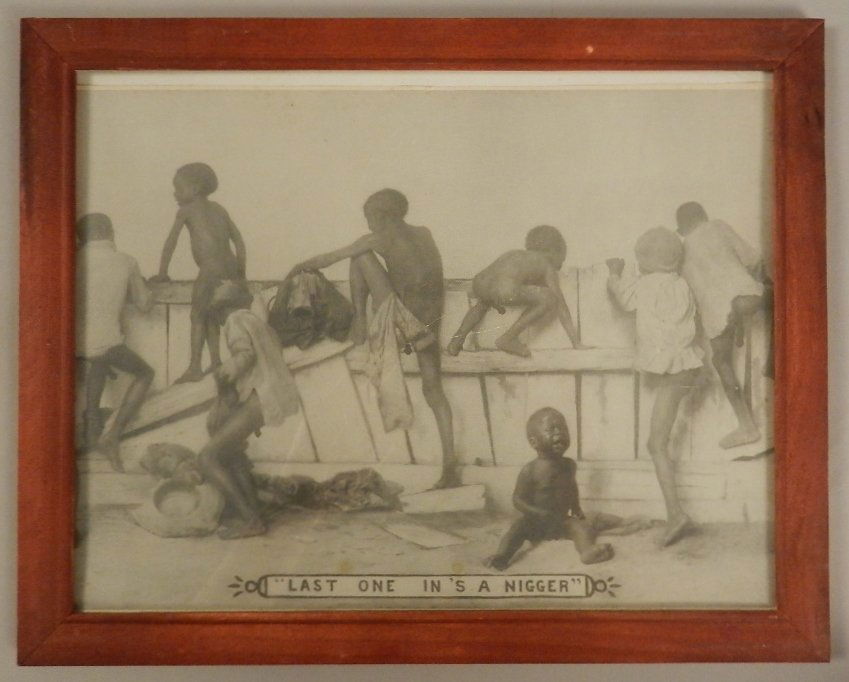 Early 20th Century Black Memorabilia: Measures: 12" x 10" inches. Titled: "Last One In's a Nigger".