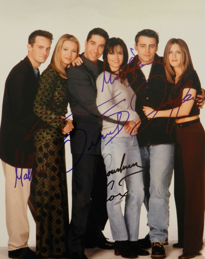 FRIENDS - Cast Signed Photograph: 8" x 10" glossy color photograph signed by Jennifer Aniston, Courtney Cox, Lisa Kudrow, Matt LeBlanc, Matthew Perry, and David Schwimmer in felt tip marker. Includes COA.