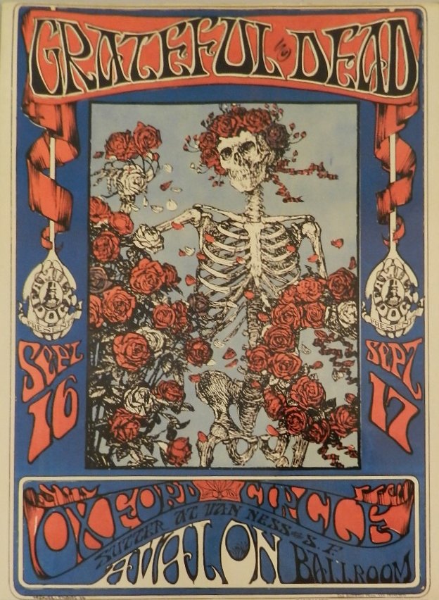 Grateful Dead Avalon Ballroom Poster: Measures: 16" x 12" inches, unframed. 1966. Artwork by Stanley Mouse and Alton Kelley.