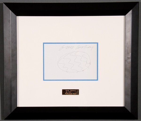 David Hockney (British, b. 1937) Original Ink on paper: Titled: "Hollywood Pool"Measures: 6.25x9.1 inches sightFramed size: 19.5x23 inchesHand signed by the artist