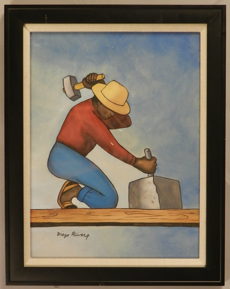 Diego Rivera (Mexican, 1886-1957) Gouache Painting: "Titled: "Pcapedrero" Measures: 16" x 20" inches, framed. Includes a typed letter signed by the artist, authenticating the painting and an additional document stating the type of work. Mexican gallery