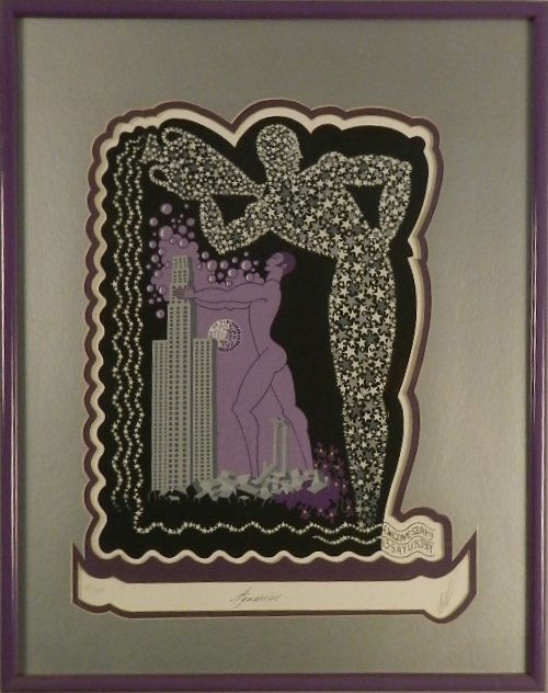 Hand Signed Erte Aquarius Zodiac Lithograph: Measures: 27 x 21 inches, framed Hand signed lower right & numbered lower left, from an edition of 350