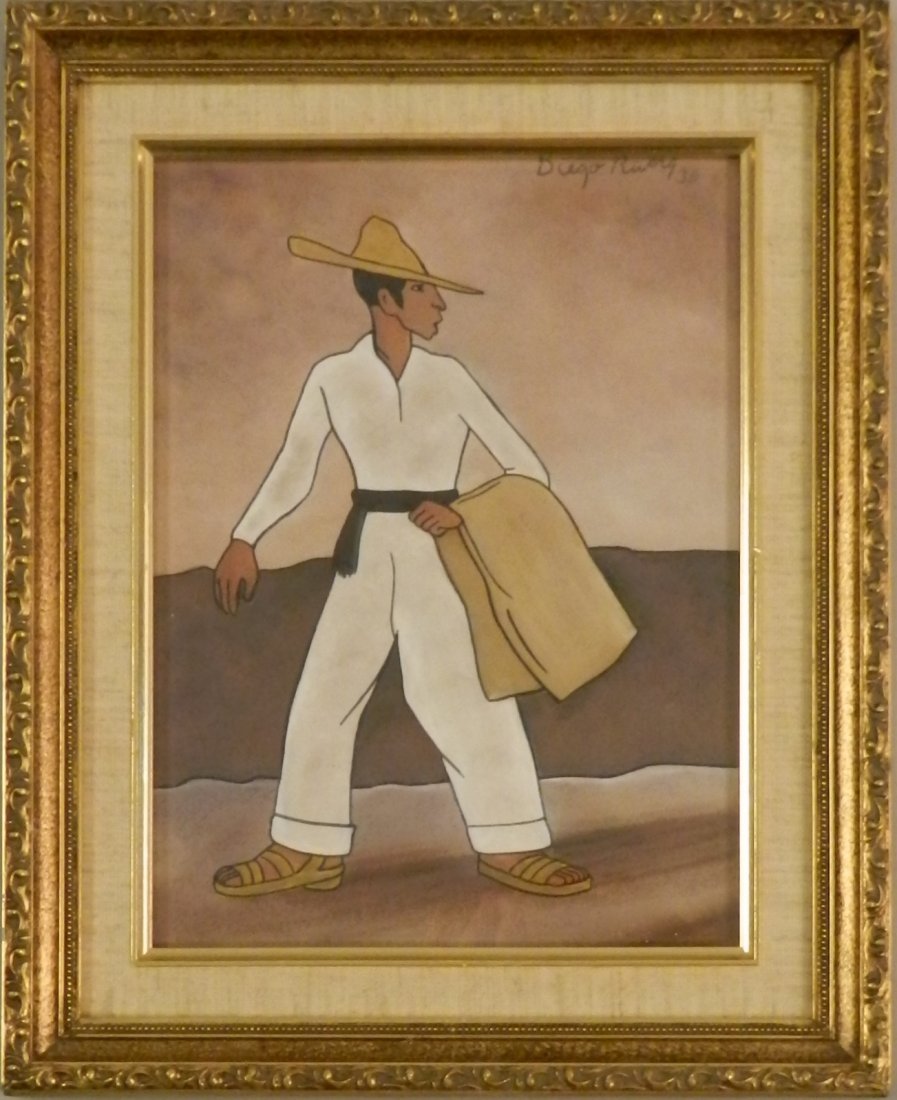 Diego Rivera (Mexican 1886-1957): Medium: Gouache on paper Titled: "Hombre Con Chal", C. 1936 Measures: 16 x 13 inches framed, sight: 11.5 x 8.5 inches Signed upper right & dated Provenance: Private collection, Texas & labeled verso f