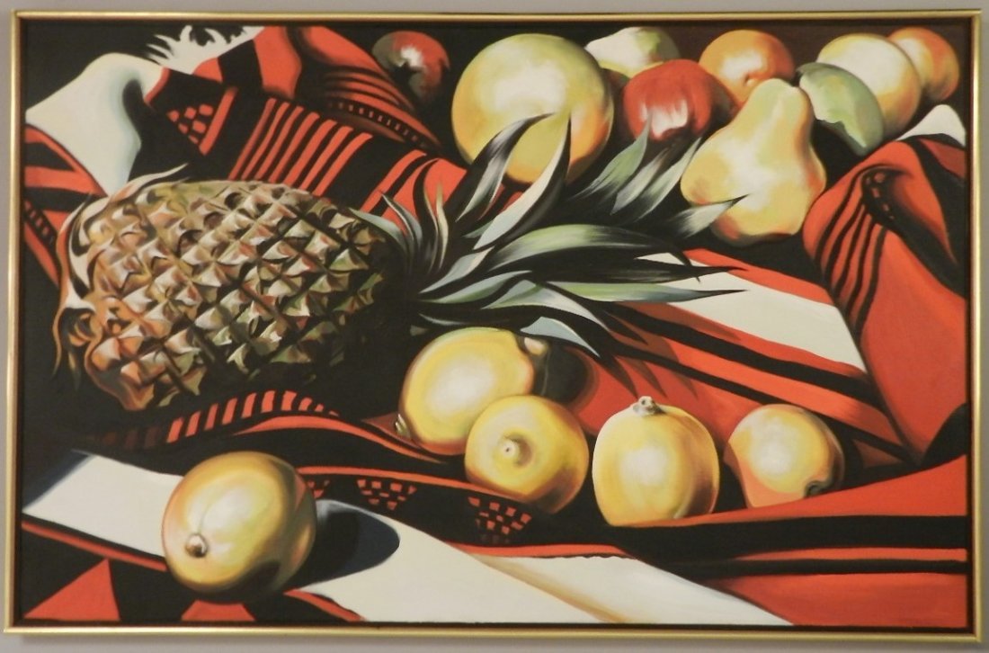 Lowell Nesbitt (American, 1933-1993): Oil on canvas. Titled: "Pineapple and lemons".Dated: 1977-1978Measures: 28" x 44" inches, framed.Gallery label on verso