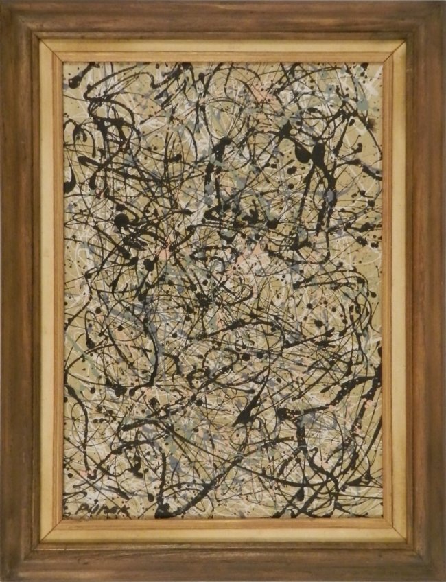 Jackson Pollock (American, 1912-1956): Medium: Acrylic on canvas, (Manner of the artist) Untitled Abstract Measures: 25 x 19 inches framed, sight: 19 x 14 inches Signed lower left Provenance: Private collection, California