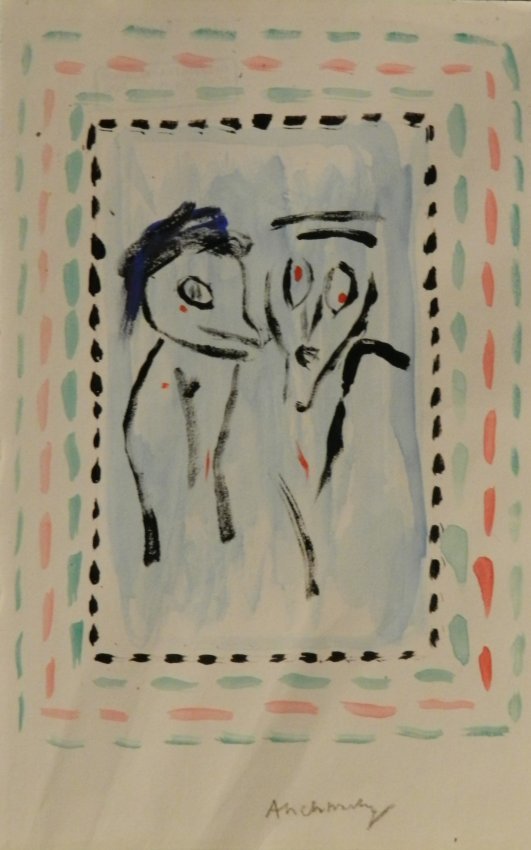 Pierre Alechinsky (Belgian, B. 1927): Medium: Oil/Watercolor on paper Untitled Measures: 8 x 5 inches Signed on bottom Provenance: Private Denmark collection Stamped verso from Galerie Louise Leiris, Paris