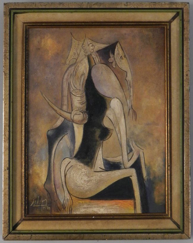Wilfredo Lam (Cuban, 1902-1982): Medium: Oil on Canvas Untitled Measures: 19 x 15 inches framed, sight: 15 x 11 inches Signed lower left & dated Labeled verso from Peru Ministry of Culture Provenance: From a private collection Lo