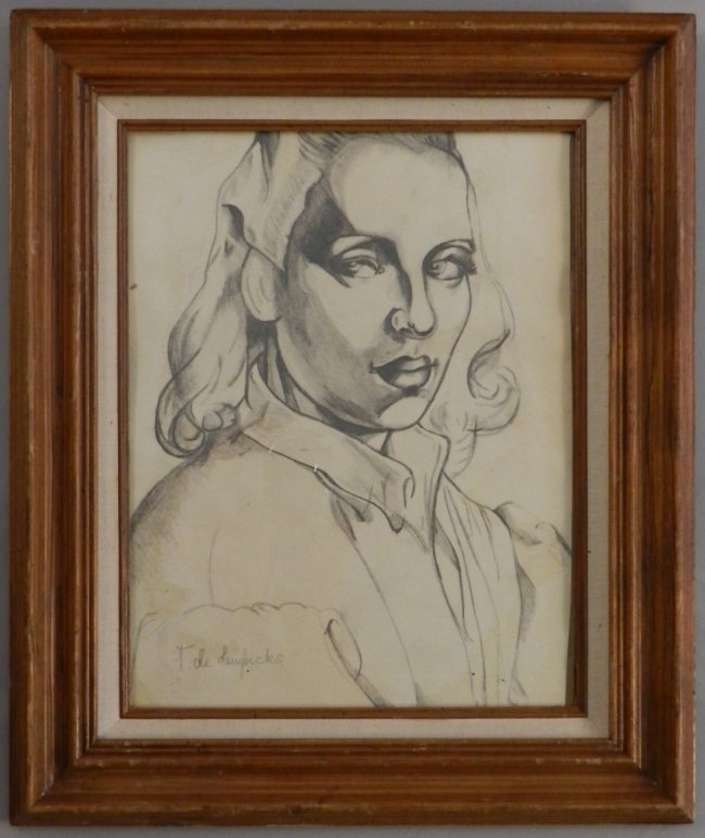 Tamara De Lempicka (Polish, 1898-1980): Medium: Pencil on paper Portrait sketch Measures: 18.5 x 16 inches framed, sight: 13.5 x 10 inches Signed lower left Provenance: Private collection, New York Please also refer to lot #240 & lot #137 w