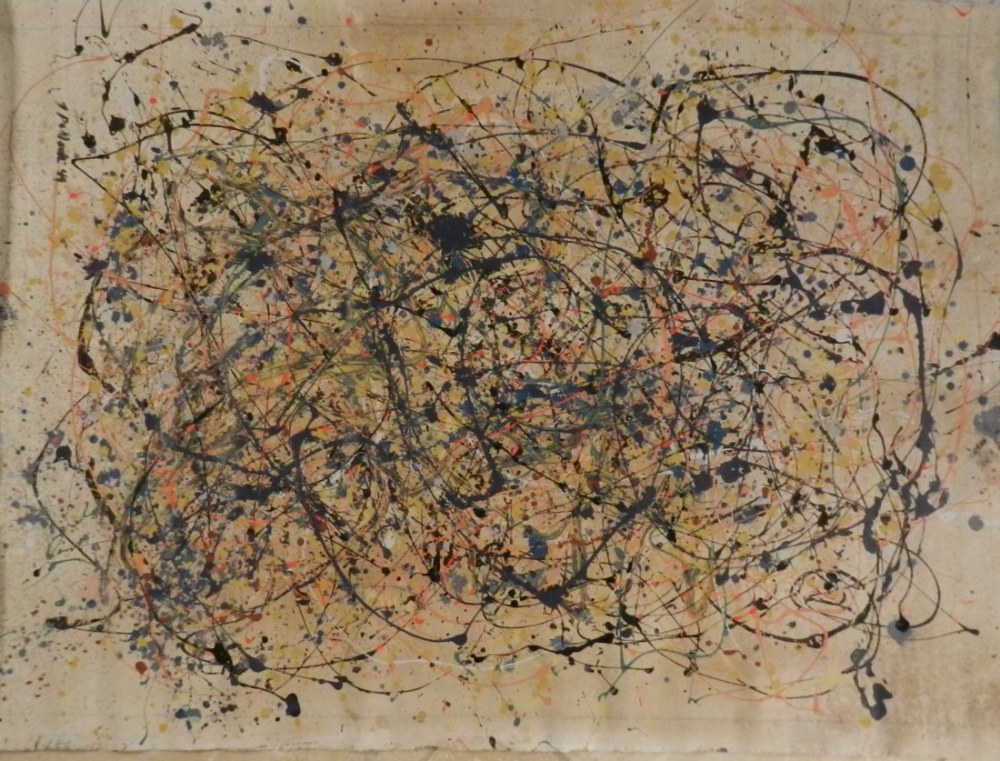 Jackson Pollock (American, 1912-1956): Medium: Oil on Canvas, manner of Pollock Abstract Measures: 50 x 36 inches Signed lower left & dated Provenance: Private collection, California