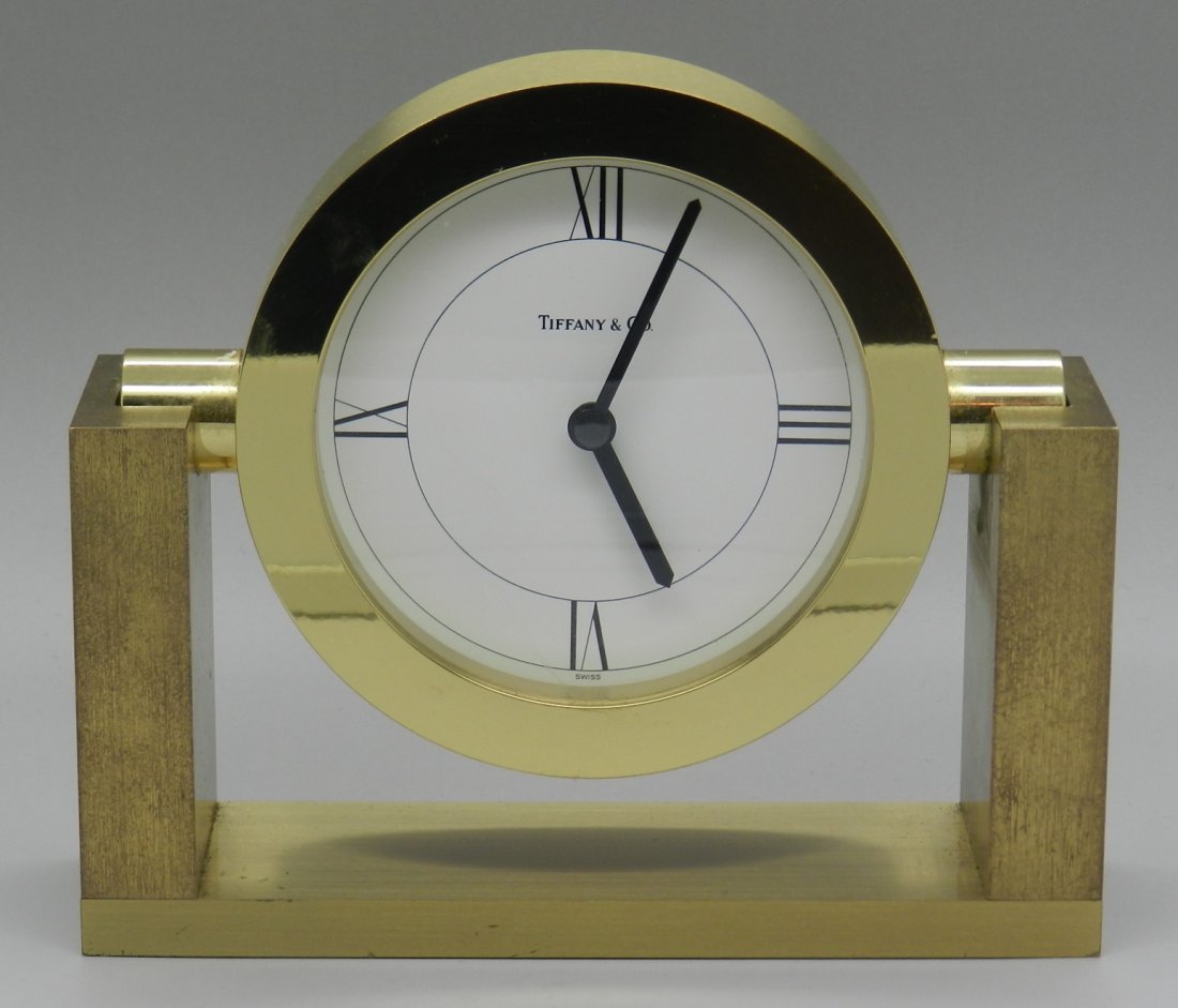 Tiffany & Co. Brass Desk Clock: Measures: 4.5 inches tall, approx: 5 inches wide
