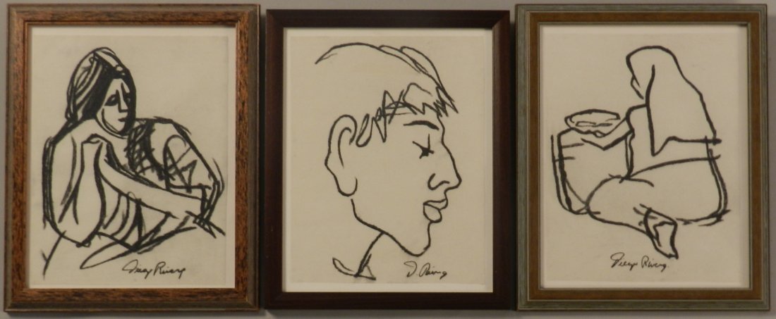 Group of 3 Diego Rivera Pastel Drawings: untitled sketches, C. 1934 Measures: 13.5 x 11 inches each (framed size) Sight: 11 x 8.5 inches each drawing Labeled verso with "Centro Cultural" Art label Provenance: Private collection of Juan Jose 
