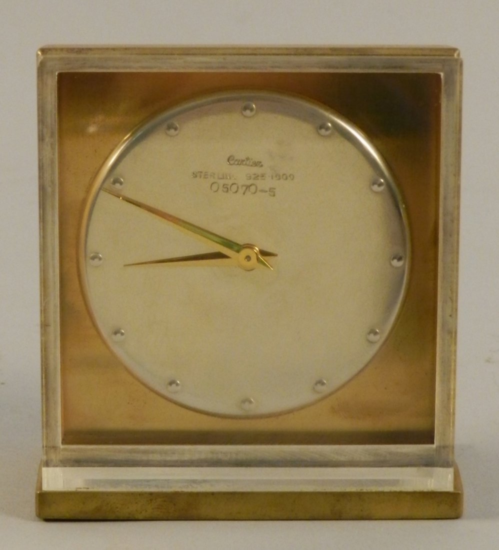 Cartier Sterling Silver Dial 15 Jewel Clock: Measures: 3.5" x 3" inches.