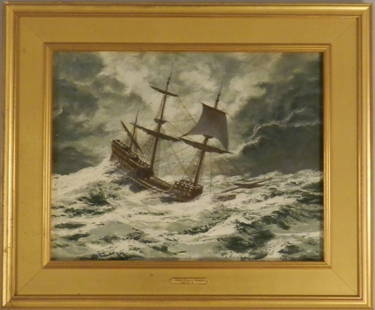 John Pierce Barnes (American, 1893-1954): Medium: Oil on board Stormy seascape with ship, circa 20th century Measures: 20 x 24 inches & framed Provenance: Alderfer's Fine Art Auction; Private Property of D.W. McDowell, Hilltown Pa. Painting w