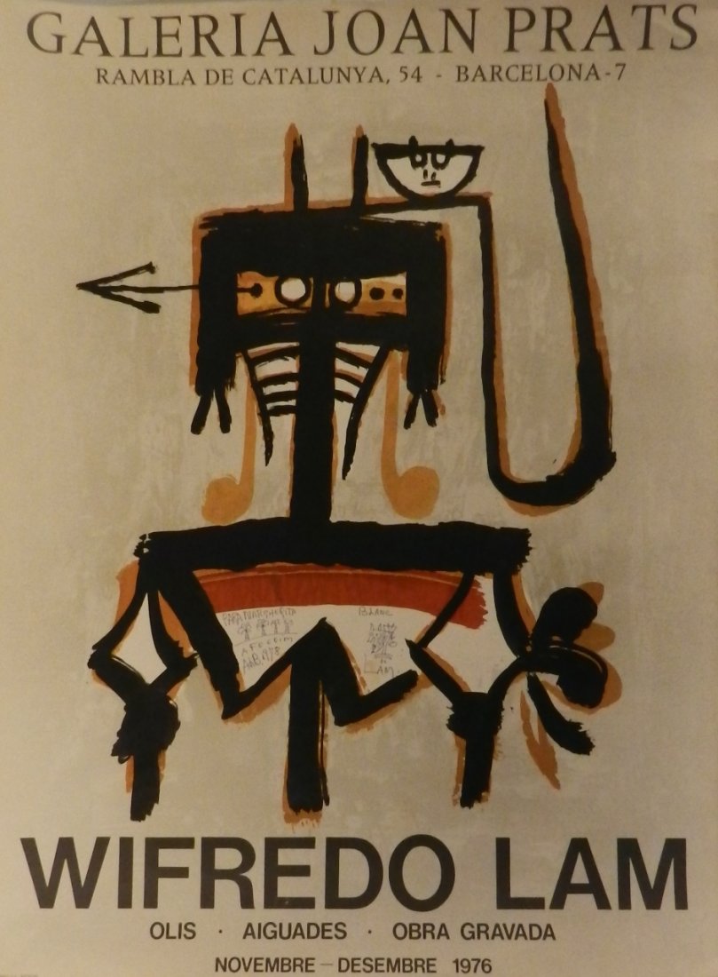 Wilfredo Lam Original Cuban Drawing: Original Drawing on a 1970's Barcelona Gallery Poster Measures: 29 x 22 inches Signed lower middle Provenance: Private collection, Florida