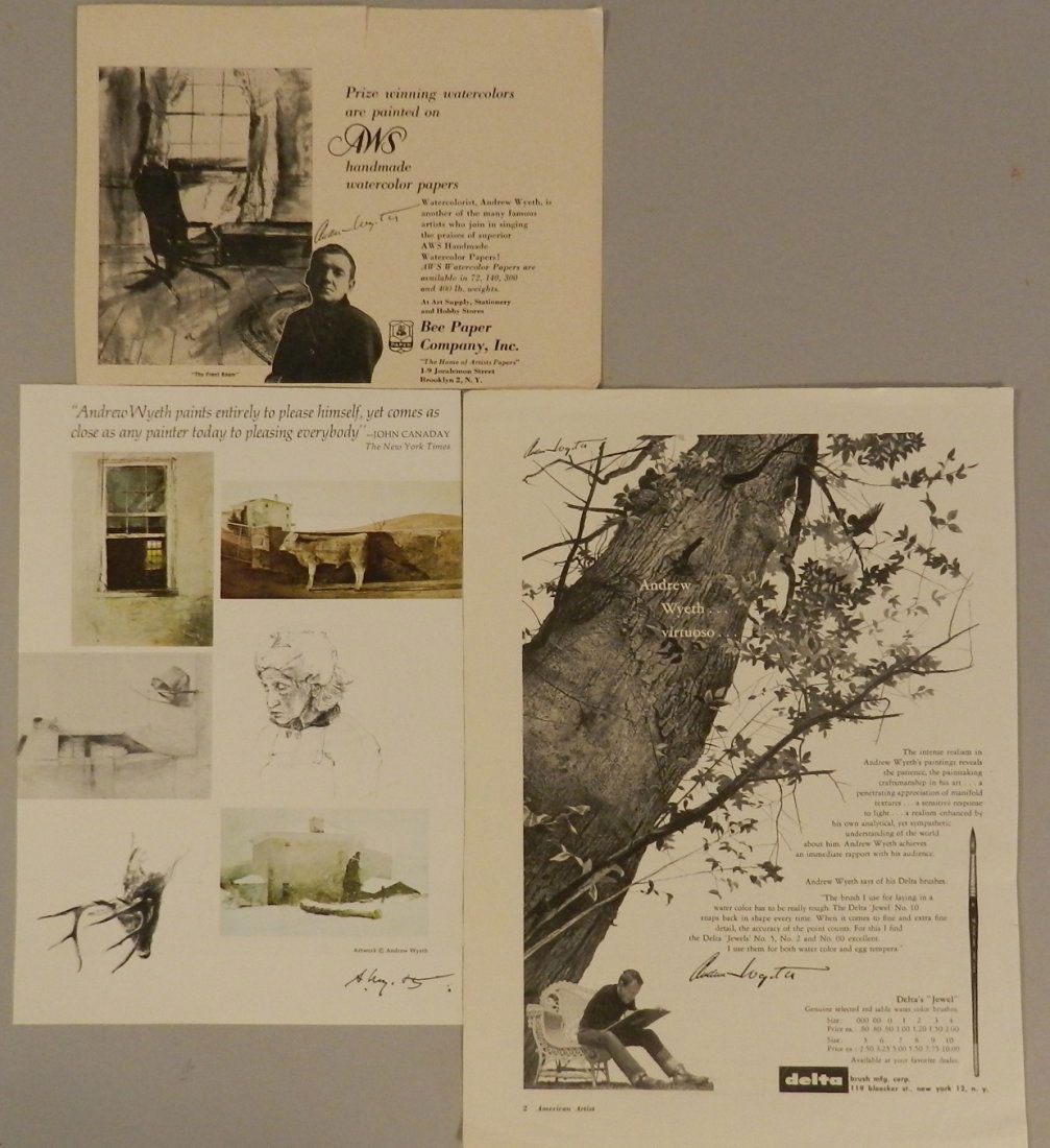 Andrew Wyeth Hand Signed Art Page Clippings: 3 pages signed by Andrew Wyeth regarding his artwork Measures: 11.5 x 8.5 inches, 9.5 x 7 inches, 6 x 8 inches Hand signed in pen by Andrew Wyeth