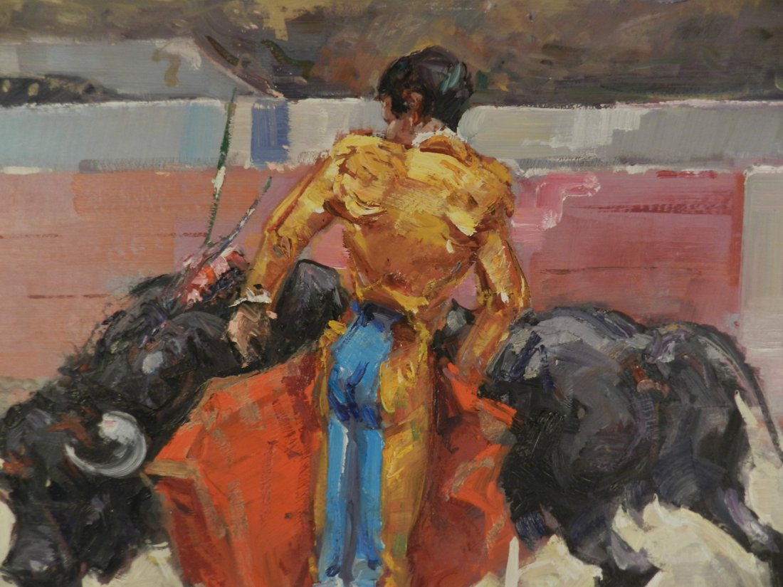 Antique Spanish Madator Bullfighting Oil Painting: Measures: 24 x 36 inches painting size Signed by the artist