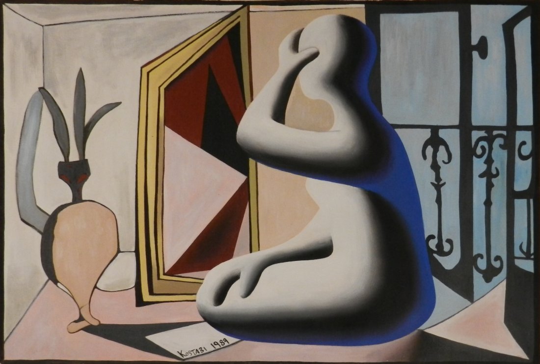 MARK KOSTABI (American, b. 1960): Medium: Oil on canvas Measures: 24 x 36 inches, framed: 27 x 38 inches Signed & Dated lower left Signed, titled & dated on back