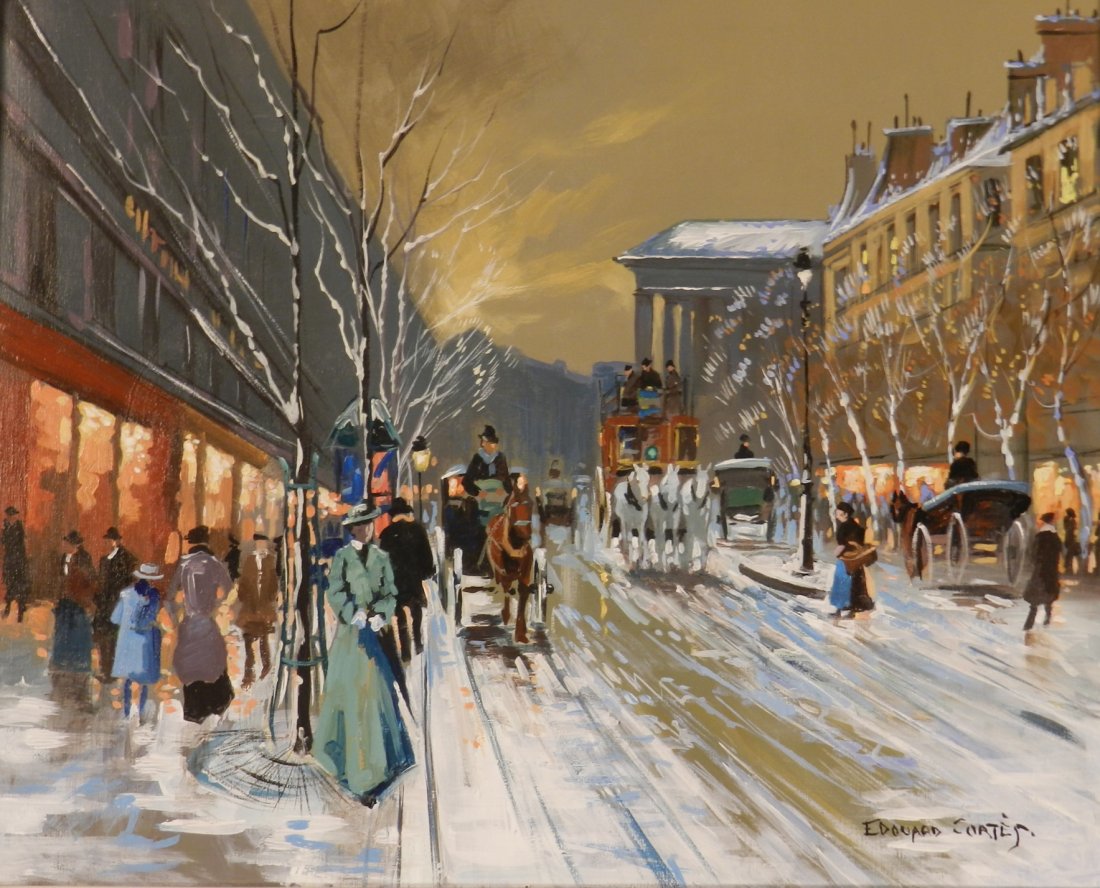 Antique French Oil Painting: Medium: Oil on canvas Measures: 24 x 28 inches Title: Boulevard de la Madeline Signed lower right, titled on back Signed Edouard Cortes Provenance: Private collection, Spain