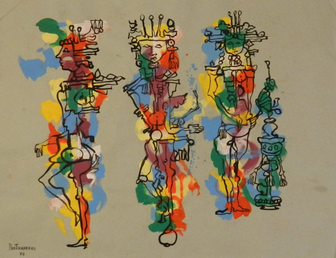 Rene Portocarrero (Cuban, 1912-1986): Medium: Watercolor/gouache on paper Untitled, c. 1970 Measures: 19.5 x 25.5 inches Signed lower left & dated Stamp on back