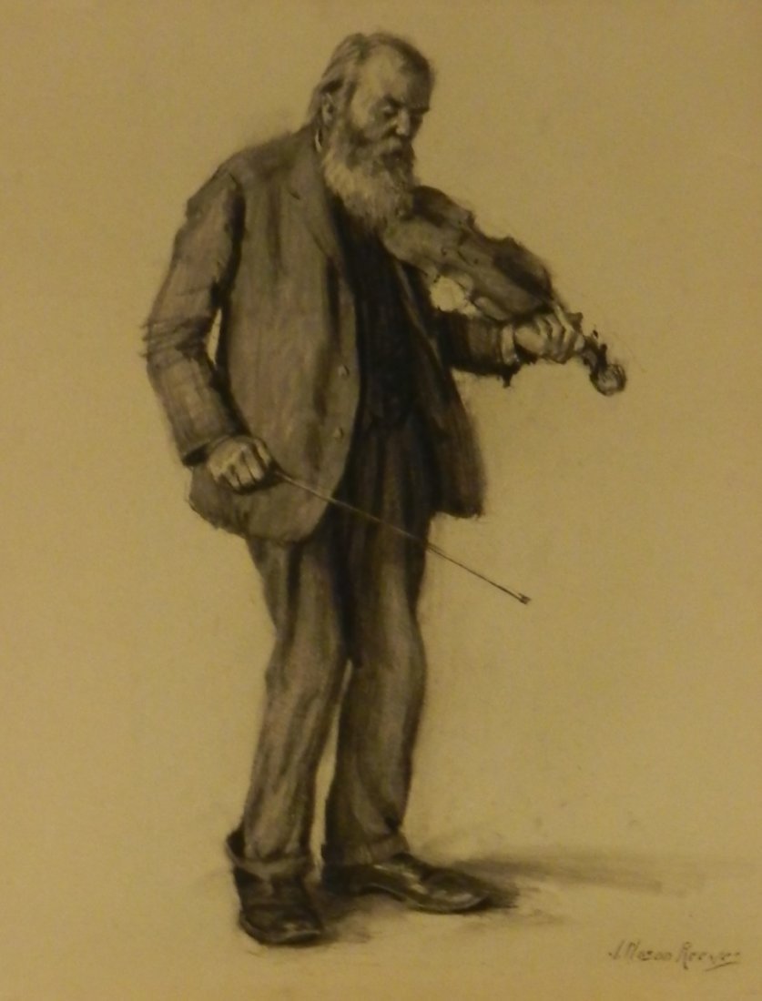 JOSEPH MASON REEVES, JR. (AMERICAN, 1898-1973): Medium: Charcoal on paper Man with violin, c. 1931 Measures: 24 x 18.5 inches Signed lower right Provenance: Estate of Joseph Mason Reeves Jr.