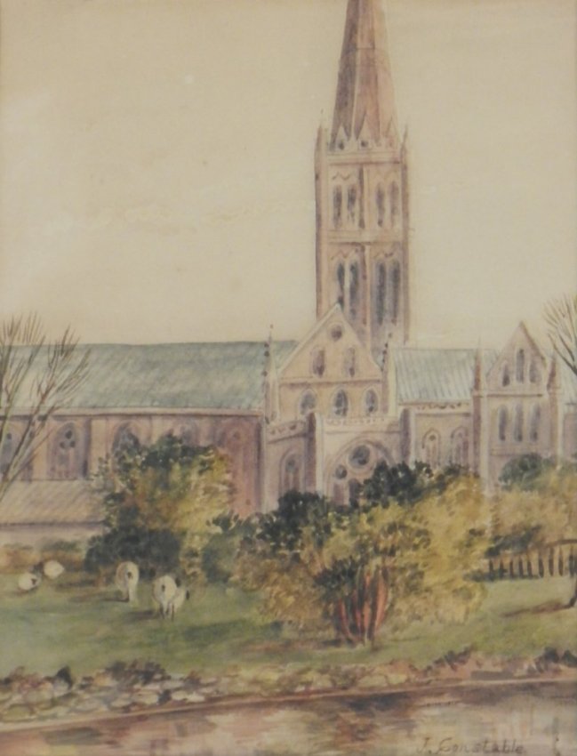 John Constable (British, 1776-1837): Medium: Watercolor on paper Church in Landscape Measures: 14x11 inches framed, sight: 9 x 7 inches Signed lower right J. Constable Provenance: Painting is from the collection of an elderly couple in t