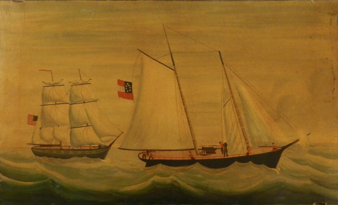 Circa 1861 Civil War Ship Oil Painting: Union Ship, Confederate Ship Rare early war painting which depicts an American War Ship & an early 7 star Confederate War Ship during the civil war Measures: 18 x 30 inches Unsigned
