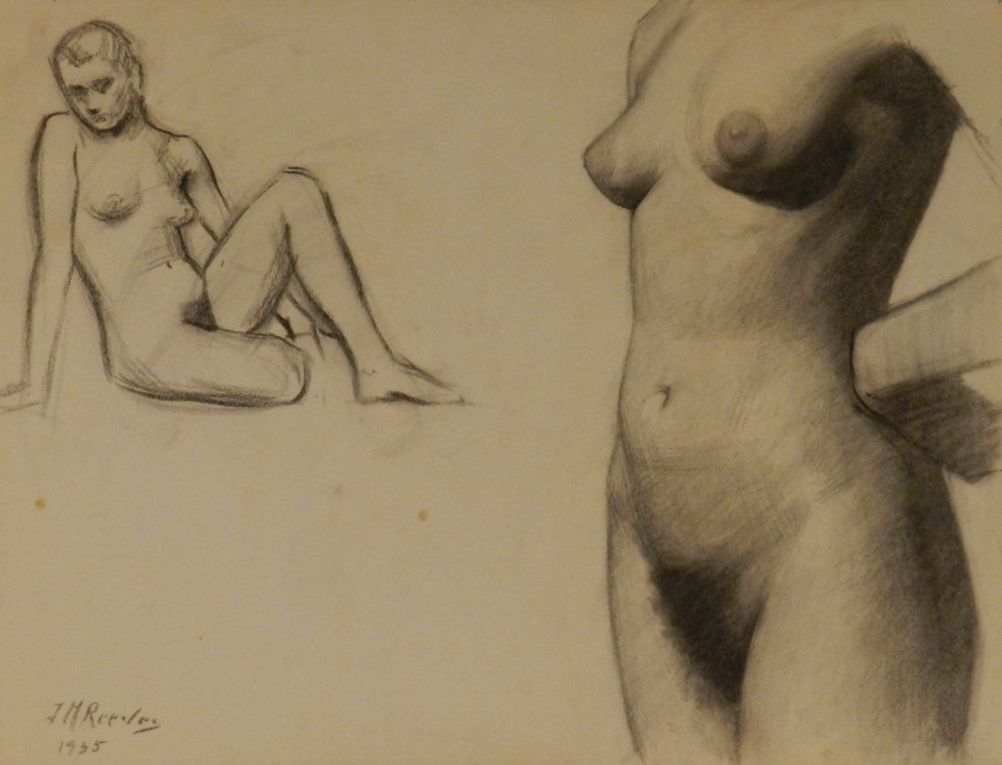 JOSEPH MASON REEVES, JR. (AMERICAN, 1898-1973): Medium: Charcoal on paper Nude Portrait, c. 1935 Measures: 19 x 24.5 inches Signed/Dated lower left Stamped on back from the Reeves Estate