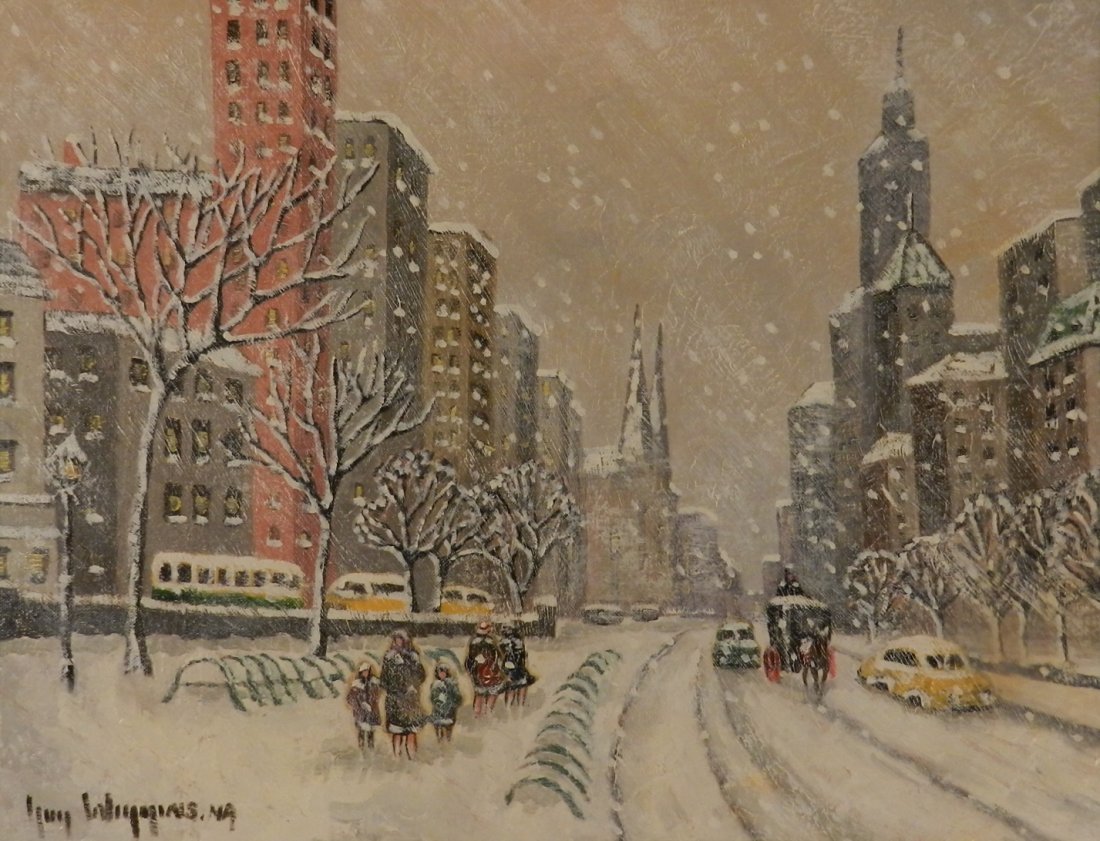 Guy Carleton Wiggins (American, 1883-1962): Medium: Oil on Board Title: A Winter's Walk in Central Park Measures: 16 x 20 inches framed, painting size: 14 x 18 inches Signed lower left, signed/titled additionally on back