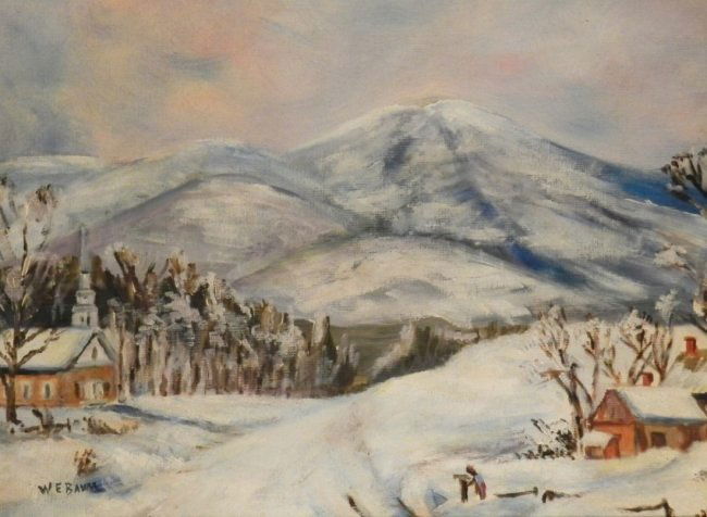 Walter Emerson Baum (American 1884-1956): Medium: Oil on Board Winter Landscape Signed lower right Measures: 19 x 15 inches framed