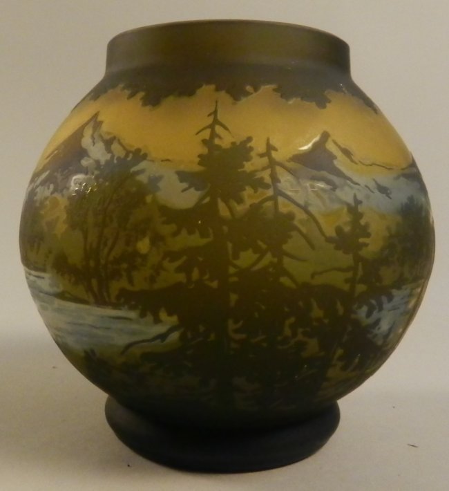 Emille Galle Style Cameo Vase: Landscape Romanian vase Measures: 4.5 inches tall Signed near top Also siged Tip
