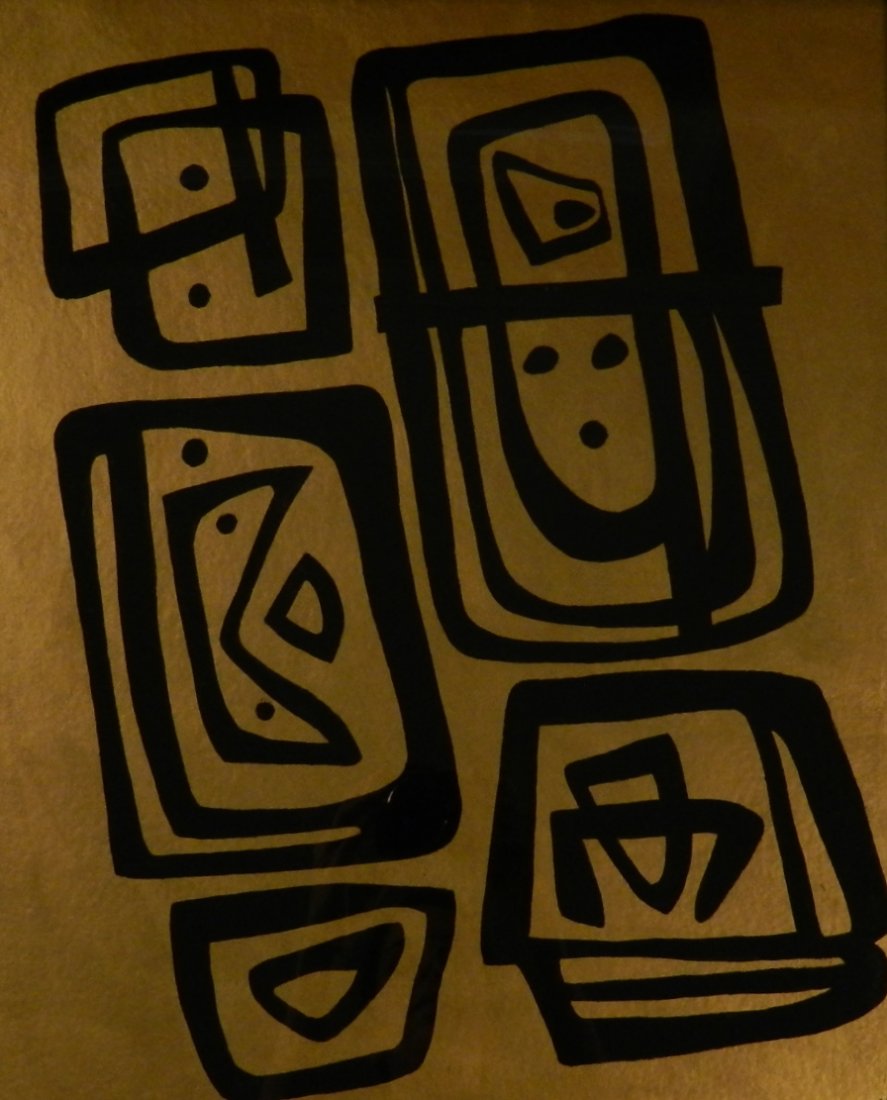 Mathias Goeritz (Mexican, 1915-1990): Medium: Mixed media on paper Title: Figuras, 1986 Measures: 26 x 22 inches framed, sight: 23.5 x 19 inches Signed lower right Authenticated by Mexican Art Historian Xavier Moyssen Documentation includ