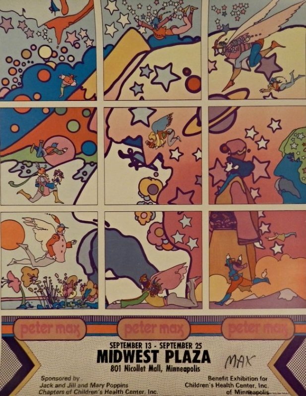 Vintage Peter Max Hand Signed Poster: Measures:24 x 19 inches Signed lower right