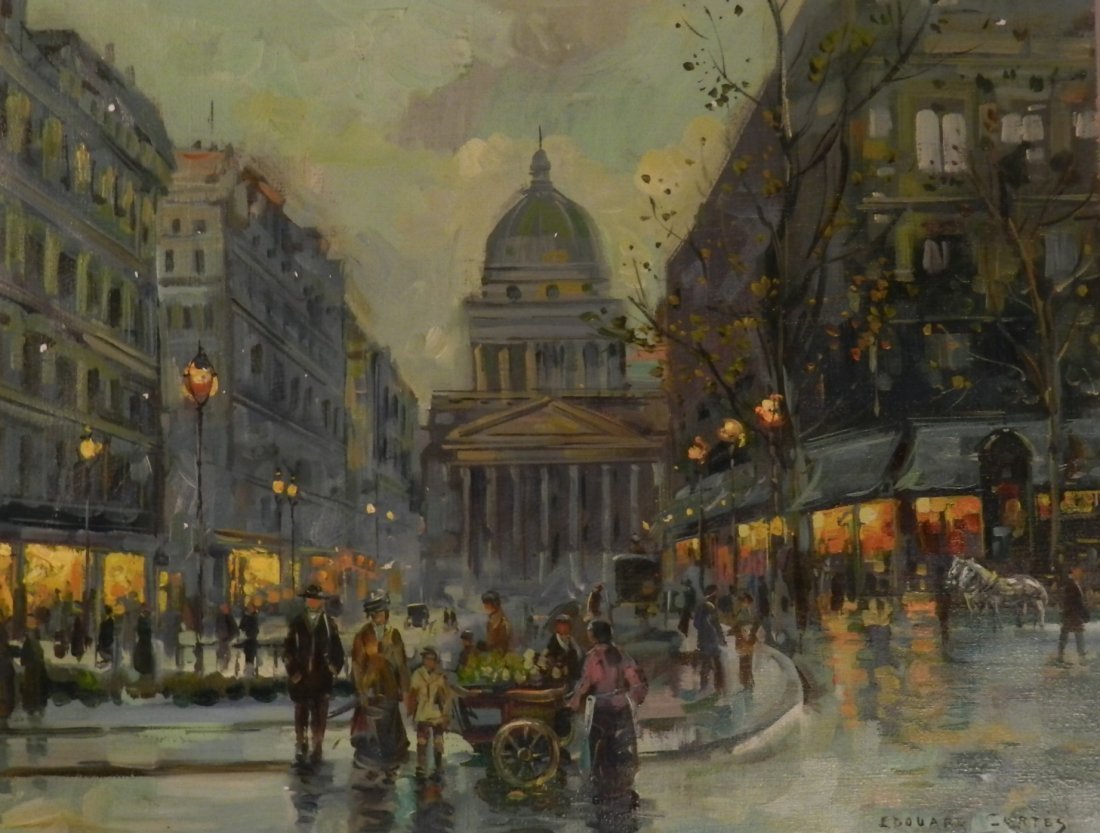 Edouard Cortes (French, 1882-1969): Medium: Oil on Canvas French Street Scene Signed lower right Remains of a label on back stretcher possibly an exhibition label or prior gallery label Measures: 20 x 16 inches Provenance: Private colle