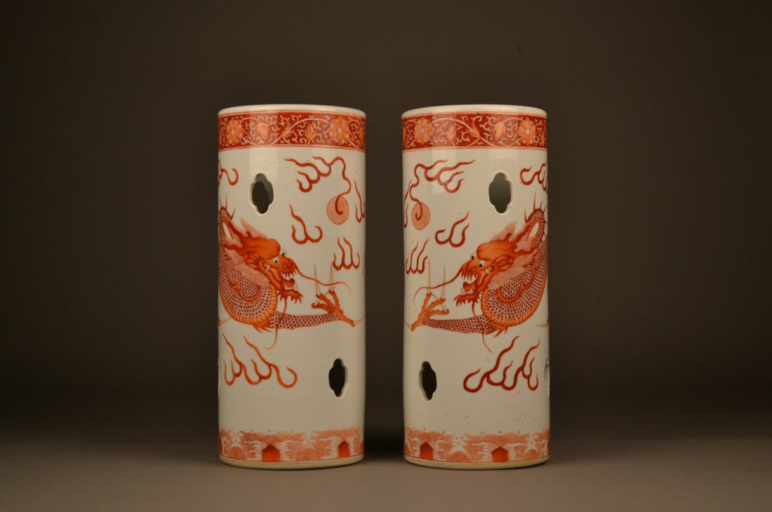 Iron Red Hat Stands: A Pair of 19c Porcelain Hat Stands / Red Dragons. Great Artwork. 13" tall.