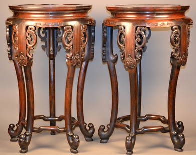 19c Chinese Round Tables: A pair of 19c Chinese Hardwood Round Flower Stands. Beautiful Carving. 28" high X 18 " wide.