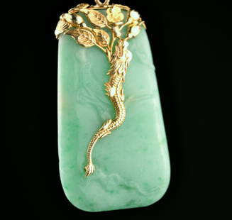 Chinese 14K & Jade Pendant: Chinese 14K and Jade Pendant. Extremely well carved jade.18-19c. Beautiful Detail. 2 1/4" X 1".