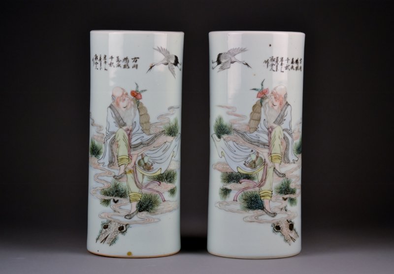 Pair of Republic Wig Stands. Painted w/ Fine Detai: Pair of Republic Wig Stands. Painted w/ Fine Detail of wiseman and cranes. Size: 11 1/8" Tall x 4 5/8" Wide.