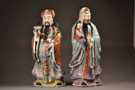 Pair of Chinese Republic Figures: Pair of Chinese Republic Figures, One holding a boy with a scroll. Fantastic painted detail, Vibrant Colors, Very Large. Size: 21 1/2 " Tall x 10 1/2" Wide