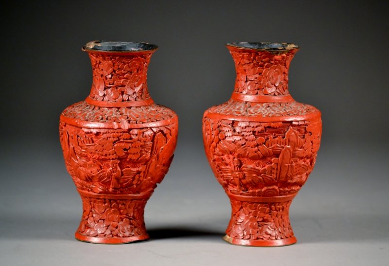 Pair of Early Chinese Cinnabar Vases.: Pair of Early Chinese Cinnabar Vases. Size: 6 3/4" Tall x 4" Wide